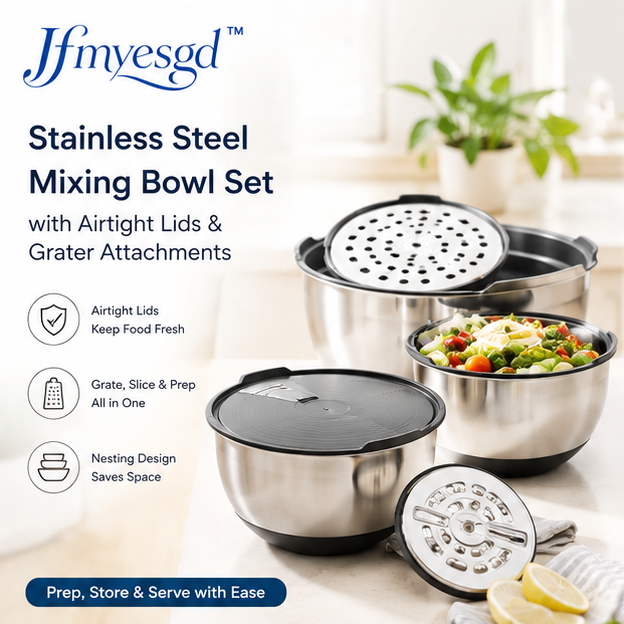 Jfmyesgd™ Stainless Steel Mixing Bowl Set with Airtight Lids & Grater Attachments