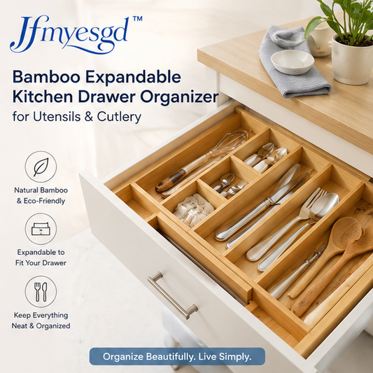 Jfmyesgd™ Bamboo Expandable Kitchen Drawer Organizer for Utensils & Cutlery