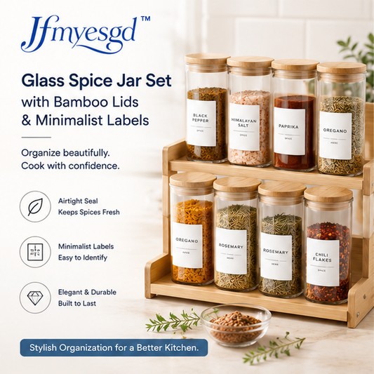 Jfmyesgd™ Glass Spice Jar Set with Bamboo Lids & Minimalist Labels
